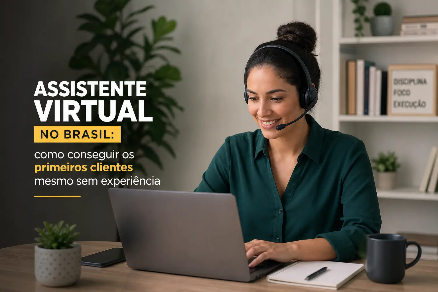 Mulher sorridente com headset na frente do laptop