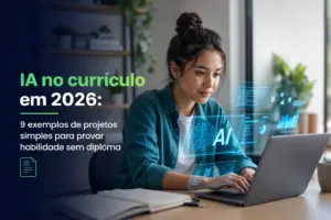 Mulher trabalhando com IA e dados no escritório 2026