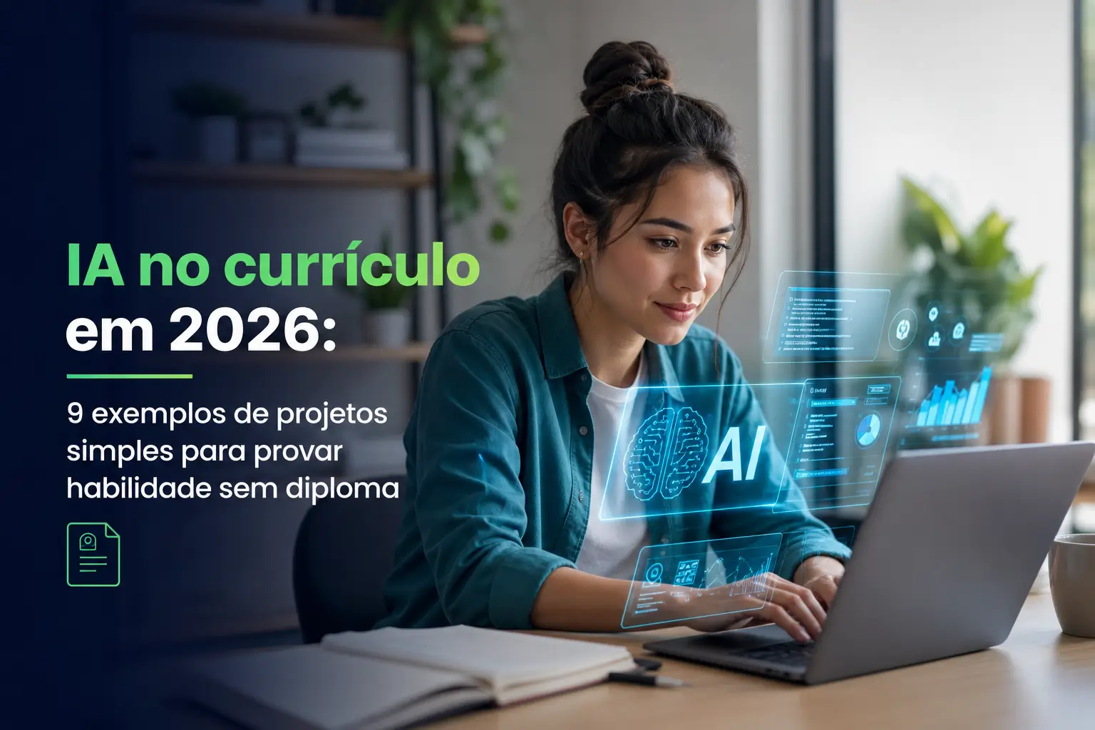 Mulher trabalhando com IA e dados no escritório 2026