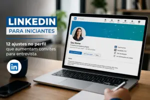Laptop com LinkedIn para iniciantes e dicas de perfil
