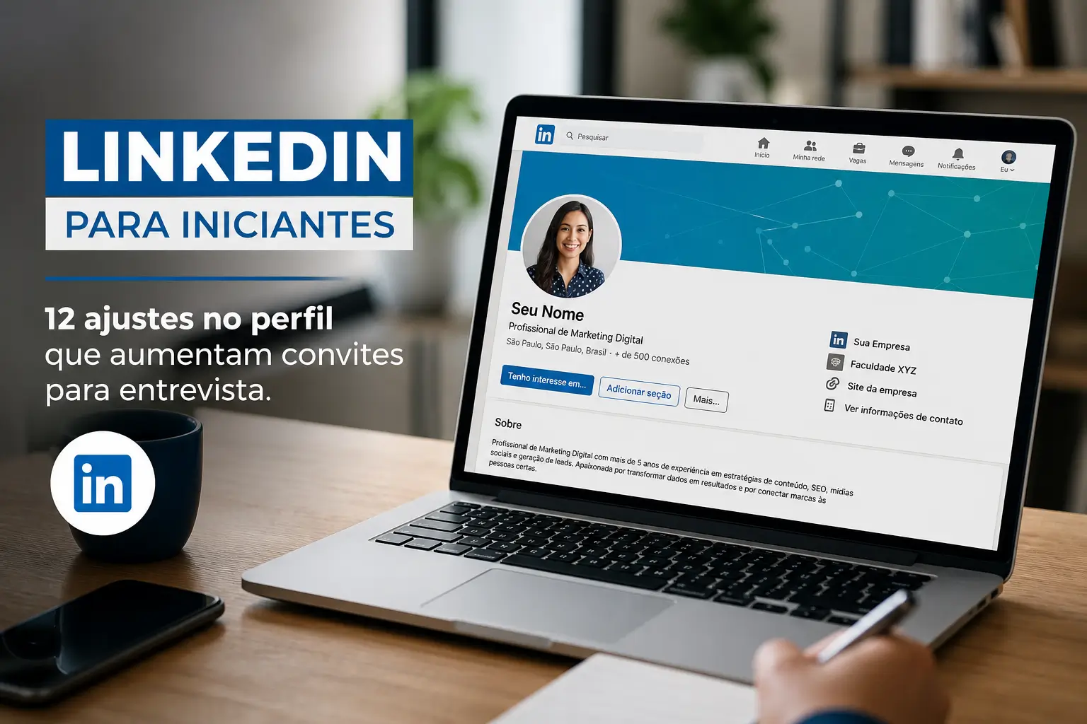 Laptop com LinkedIn para iniciantes e dicas de perfil