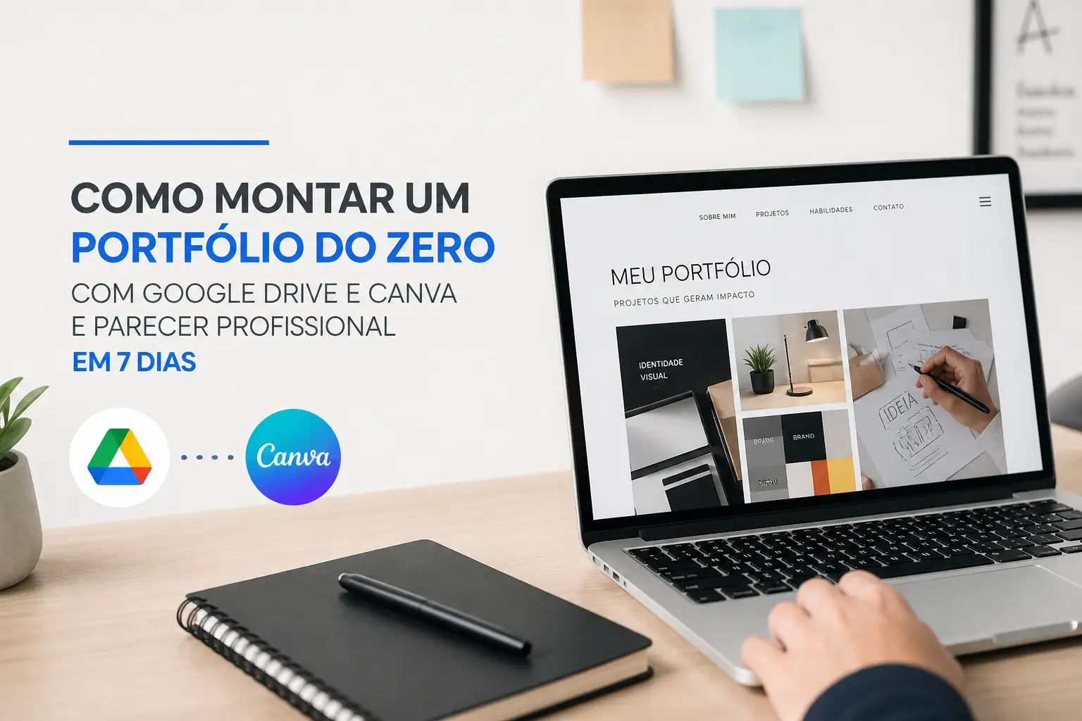 Mesa de trabalho com notebook e portfólio "MEU PORTFÓLIO"