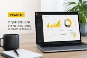 Notebook mostrando Power BI com gráficos e dicas para estudo