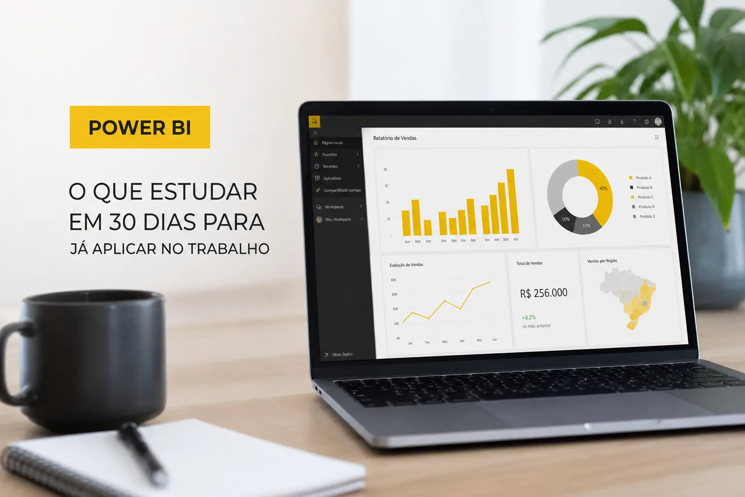 Notebook mostrando Power BI com gráficos e dicas para estudo